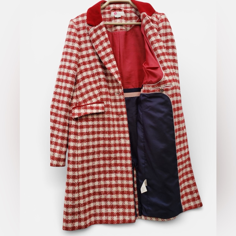 Boden Eastbourne Wool Blend Houndstooth Coat Red Cream UK 14L / US 10L - Picture 9 of 16